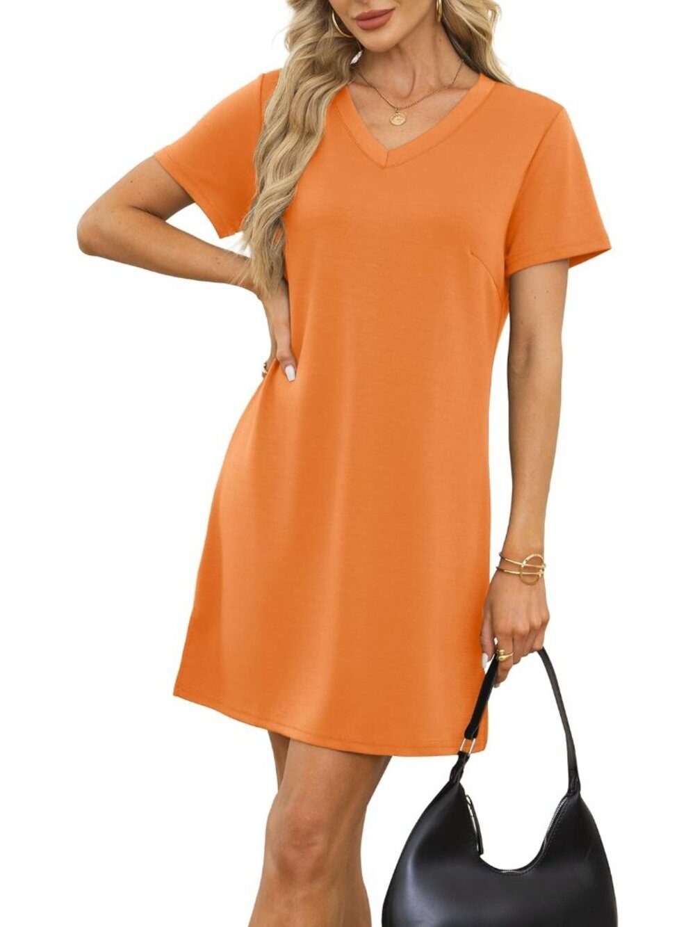 〽️Women's Orange V Neck Casual Summer Sundress Imported Pull On T Shirt